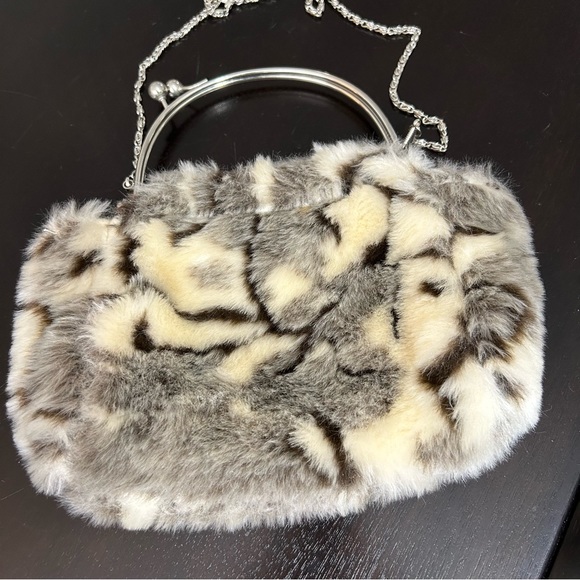 Adorable Faux Fur Mini Handbag Purse Asymmetrical Handle Silver Hardware Clean - Picture 3 of 15